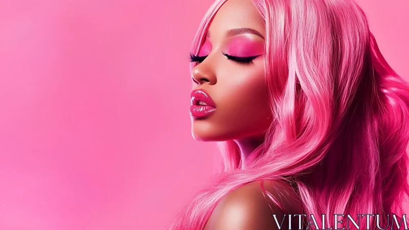 Profile portrait shows stylized woman in monochrome pink context