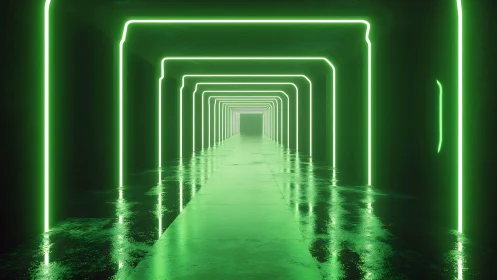 Neon green tunnel corridor extends toward distant vanishing point