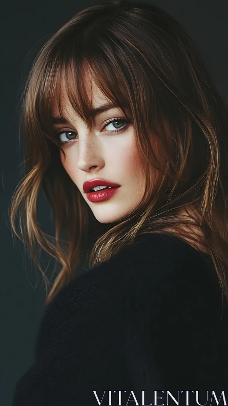 Portrait depicts a woman in three-quarter profile against dark