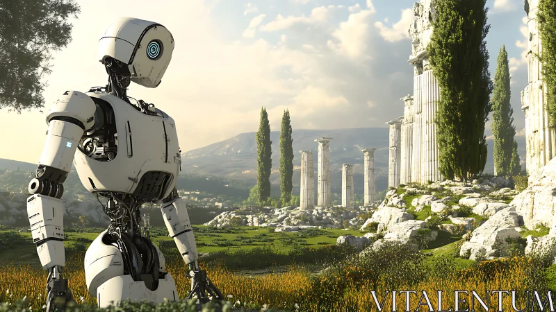 Humanoid exploration robot in sunlit overgrown classical ruins