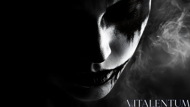 High contrast portrait isolates painted face with dramatic chiaroscuro