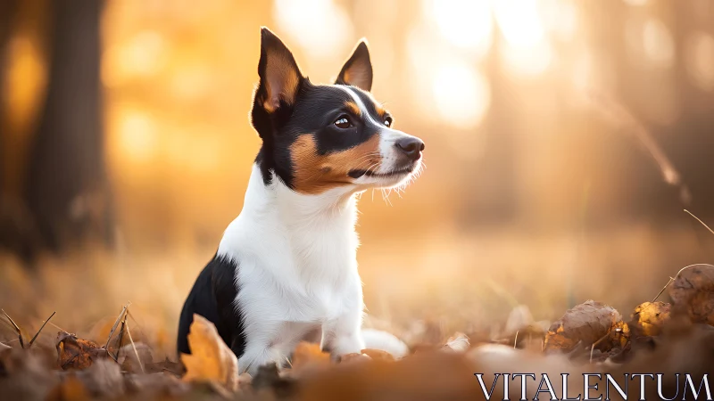 Autumn backlit portrait of small dog in shallow depth of field