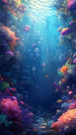 Sunlit bubble column ascends through iridescent coral canyon