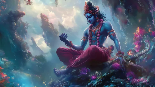 Blue divine figure in meditative pose within luminous ethereal realm