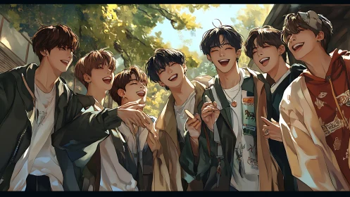 Sunlit street gathering of laughing friends in autumn coats.