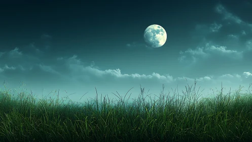 Luminous full moon illuminates dewy grass under teal night sky