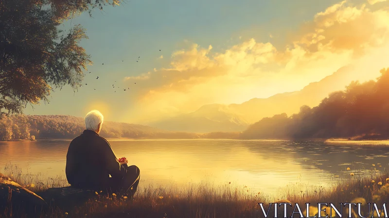 Elderly figure studies sunset-lit lakeside with warm atmospheric haze