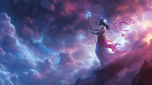 Mythic robed figure stands on cliff edge amid dense clouds