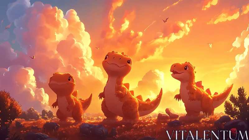 Sunset-lit cartoon dinosaur trio rendered with soft volumetric light