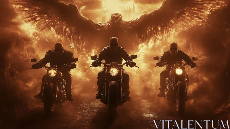 Apocalyptic biker trio under infernal winged demon canopy.
