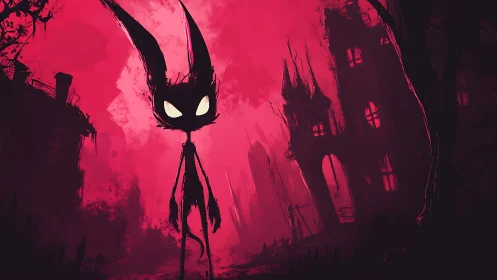 Long-eared shadow creature haunts a twisted crimson town.