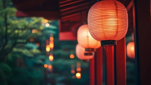 Row of illuminated paper lanterns along outdoor walkway.