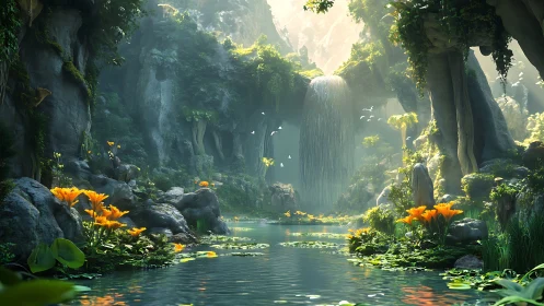 Sunlit enchanted lagoon with glowing flowers and waterfall.