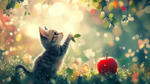 Kitten reaches toward suspended foliage and fruit in luminous garden setting.
