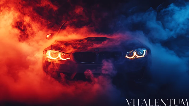 Sport sedan headlights cut through red and blue smoke.