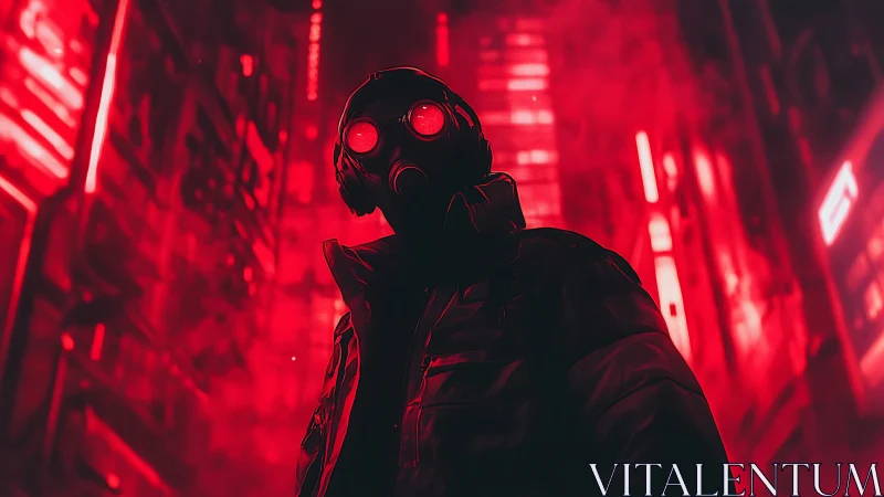 Masked drifter under neon smog in crimson cyber alley.