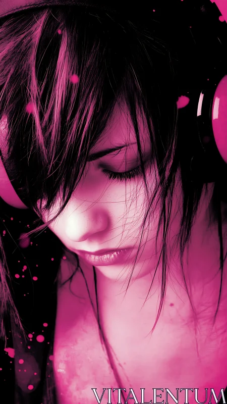 Monochrome magenta portrait with headphones and soft bokeh focus.