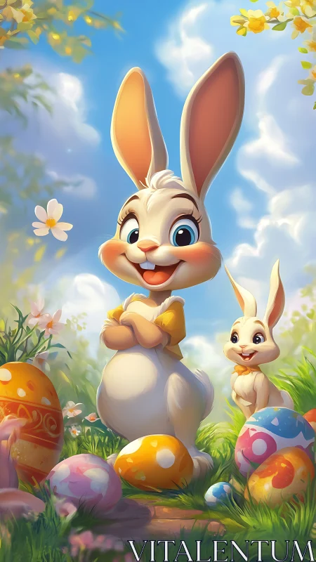 Cheerful cartoon rabbits in bright Easter egg meadow scene
