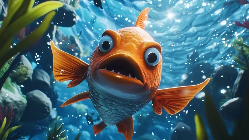 3D stylized goldfish portrait in dynamic underwater close-up.