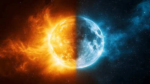 Sun and moon in blazing cosmic balance of fire and frost.