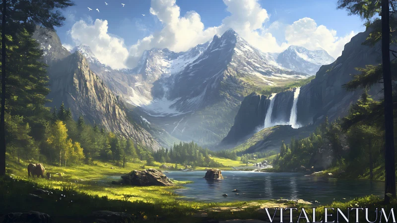 Digital painting of alpine valley with waterfalls and lake.