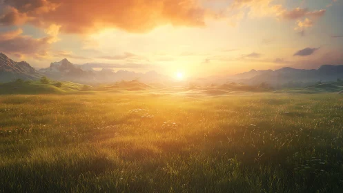 Sunlit grassy plain under dramatic orange dawn sky.