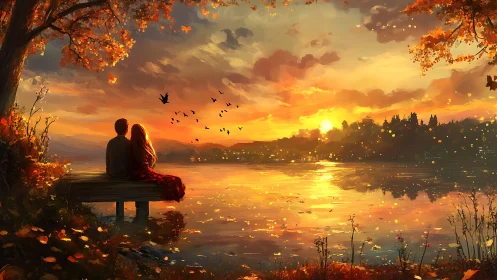 Two figures seated on dock at sunset with autumn foliage.