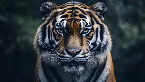 Intense tiger portrait stares forward in moody forest light.