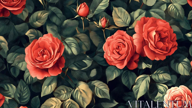 Red roses with green foliage displayed against dark background surface.