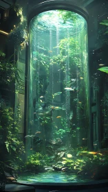 Cylindrical biotope aquarium in high-tech atrium enclosure.