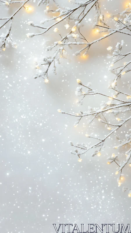 Softly glowing winter branches wrapped in gentle snowfall.