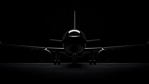 Jetliner silhouette front view under dramatic low-key light.