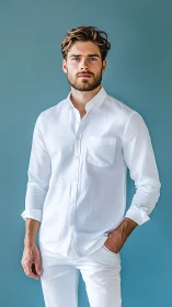 Crisp white style against teal, modern portrait in cool balance.