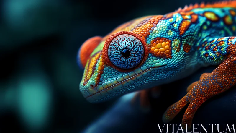 Iridescent gecko macro reveals hyper-detailed neon scales.