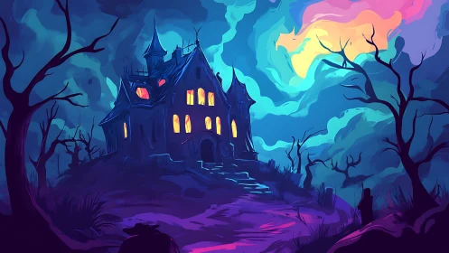 Moonlit haunted hill house glowing with playful mystery.