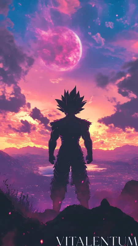 Silhouetted warrior watches a glowing cosmic moonrise