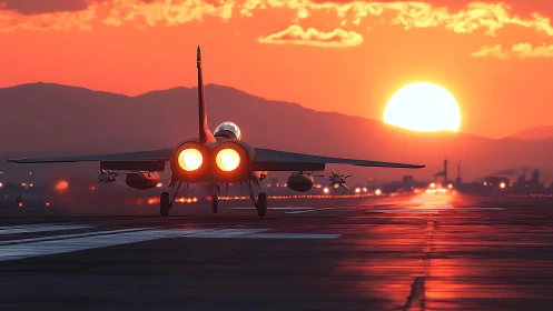 Afterburning jet departs runway against high-saturation sunset sky