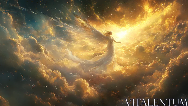 Winged figure rises through glowing clouds toward radiant light