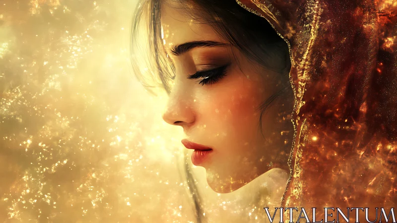 Mystical female profile glows within golden cosmic veil