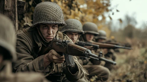 Determined soldiers holding the line in a quiet autumn trench.