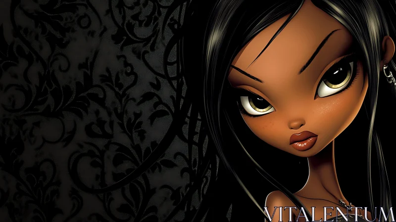 Stylized dark-haired doll portrait with baroque damask background.