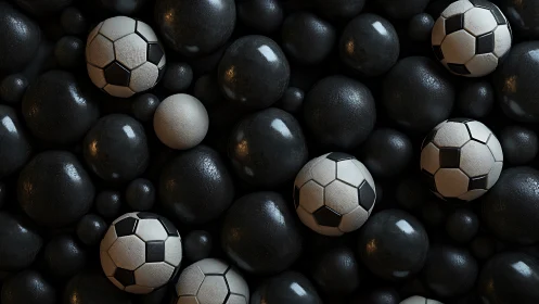 Soccer balls quietly rebel inside a sea of shadowed spheres