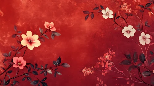 Elegant red floral background with peach and white spring blossoms