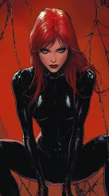Red‑haired vigilante crouches in glossy black suit.