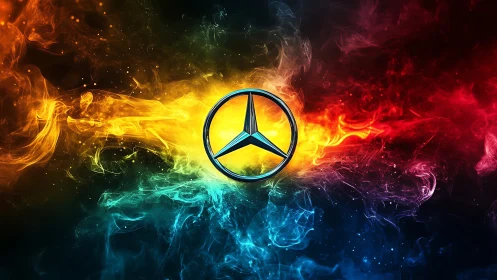 Tri-point metallic emblem amid tricolor nebular plasma field