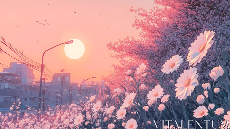 Urban daisies under pastel sunset with cherry blossom diffusion.