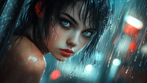 Rain-soaked woman gazes intensely through neon city storm.