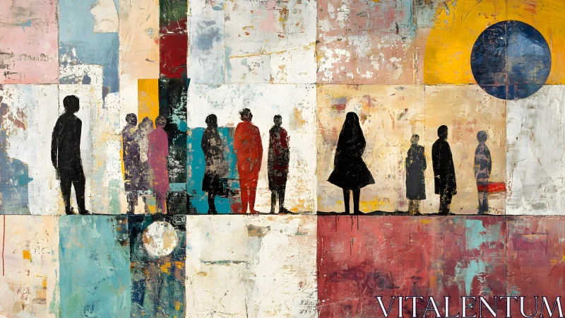 Abstract silhouettes of people on textured geometric background.