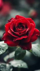 Deep Red Rose Bloom with Water Droplets.