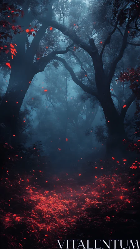 Enchanted crimson embers glow softly in a misty forest night